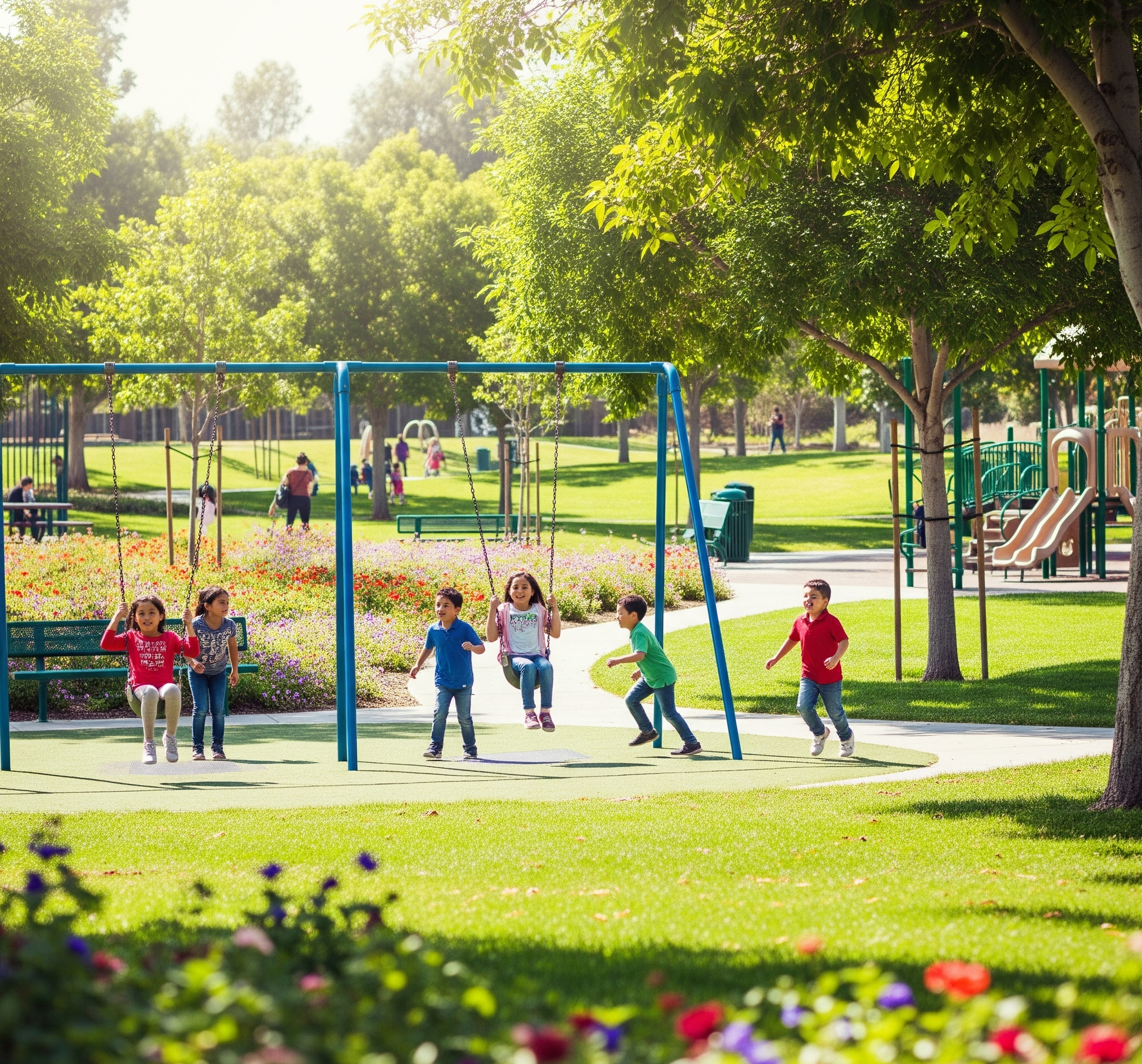 Kids Playing At Earthwalk Park In Burbank While Parents Do The Laundry At Sparkle Laundry